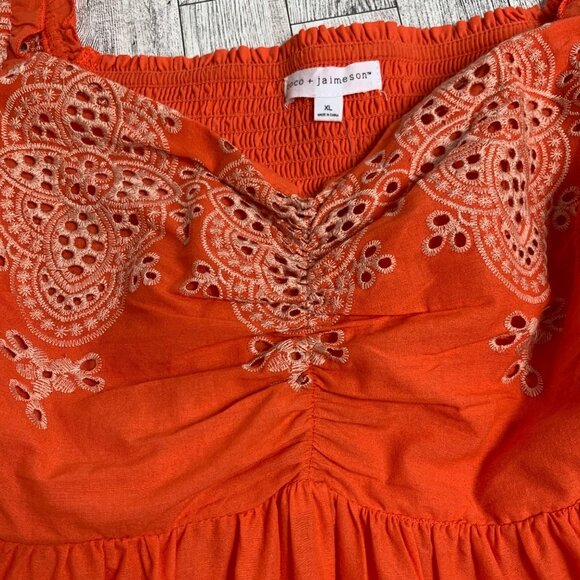 Coco Jaimeson Babydoll Eyelet Mini Dress Size XL Orange Coastal Off Shoulders - Picture 7 of 16